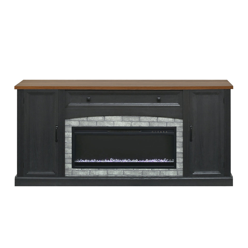 TV Stand Fireplace Black MDF Walnut Top Gray Brick 1400W Fits 70 In TV 66.9 In