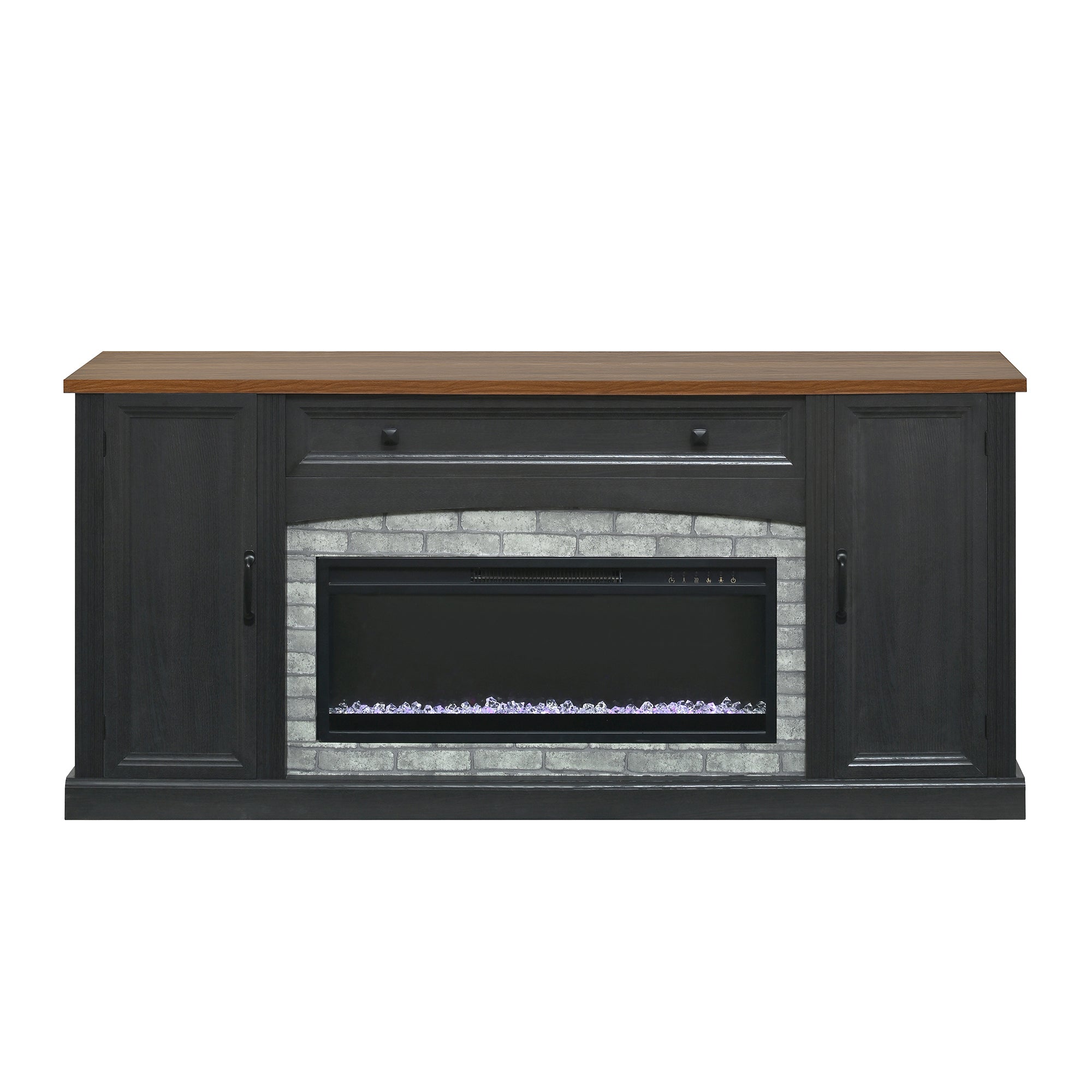 TV Stand Fireplace Black MDF Walnut Top Gray Brick 1400W Fits 70 In TV 66.9 In