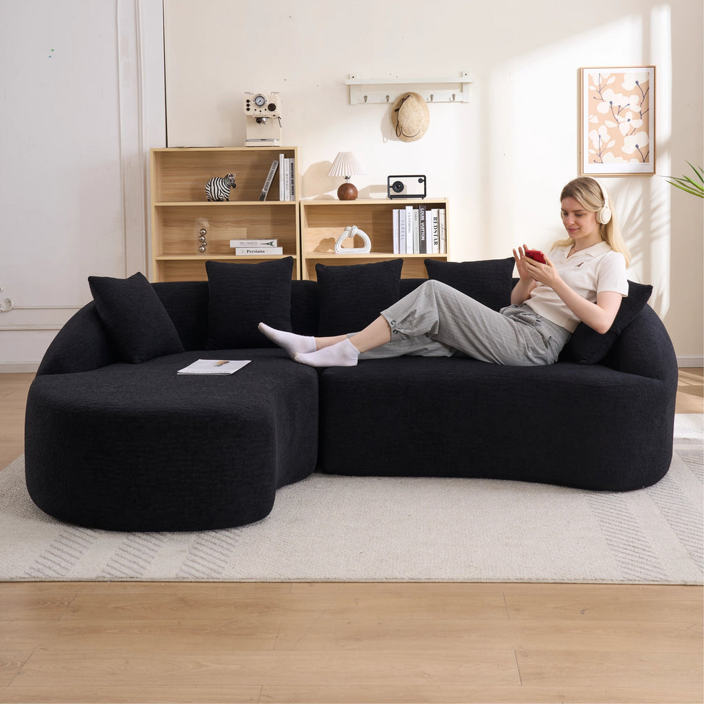 Sectional Sofa l Shaped with Curved Chaise Black Chenille Sleeper