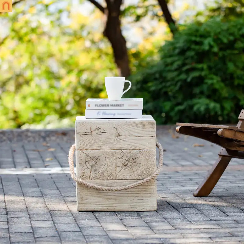 Coffee Table Retro Square Outdoor Wood Grain Mgo End Table with Braided Cord