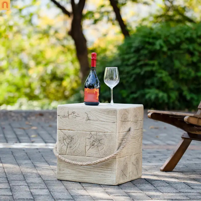 Coffee Table Retro Square Outdoor Wood Grain Mgo End Table with Braided Cord