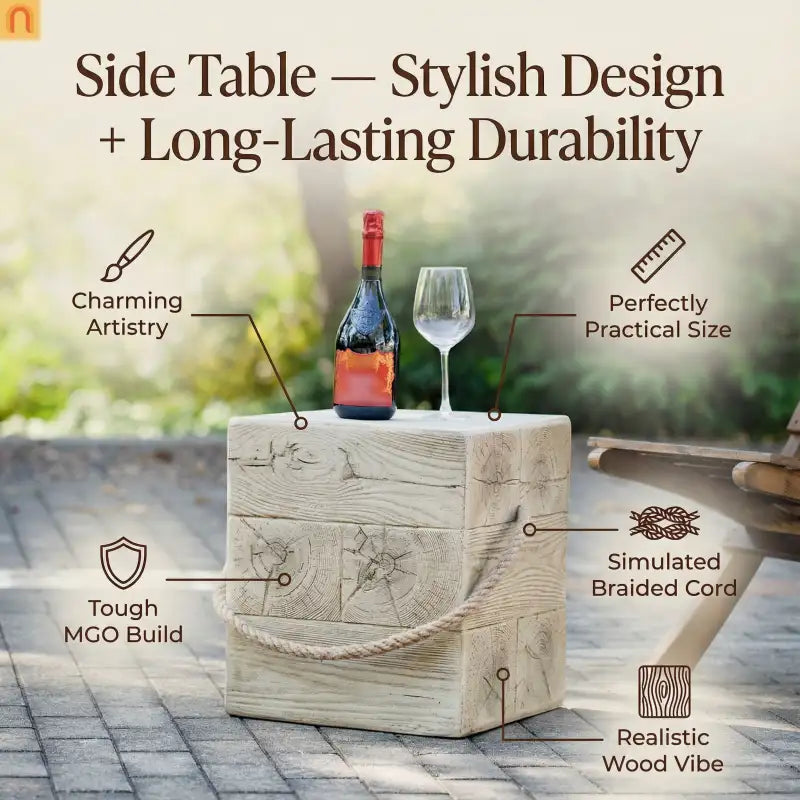 Coffee Table Retro Square Outdoor Wood Grain Mgo End Table with Braided Cord