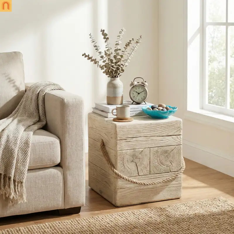 Coffee Table Retro Square Outdoor Wood Grain Mgo End Table with Braided Cord