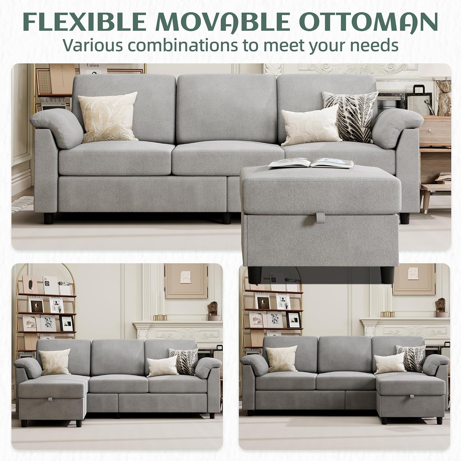 Comfortable L Shaped Convertible Sectional Sofa with Pillows