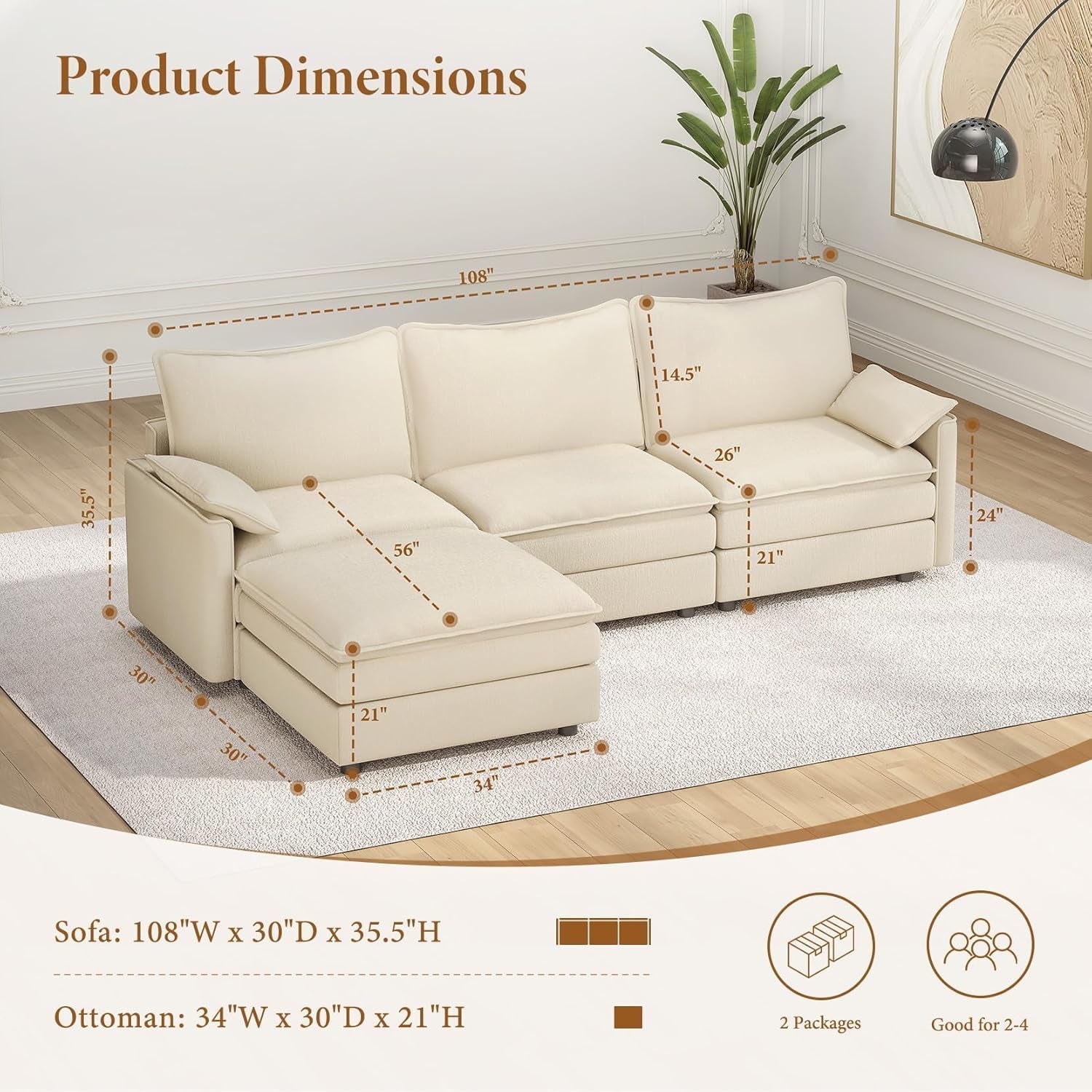 Comfy 108 Inch Modular Sectional Sofa With Ottoman