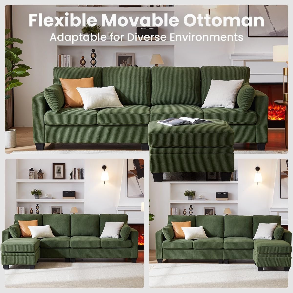 Corduroy Modular L Shaped Couch with Storage Ottoman