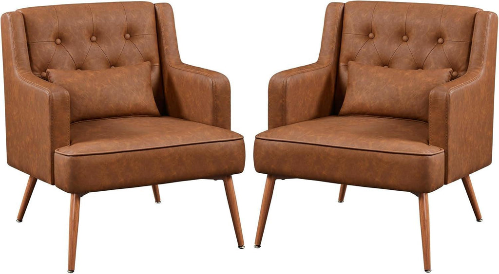 Two Brown Leatherette Mid Century Accent Chairs Set