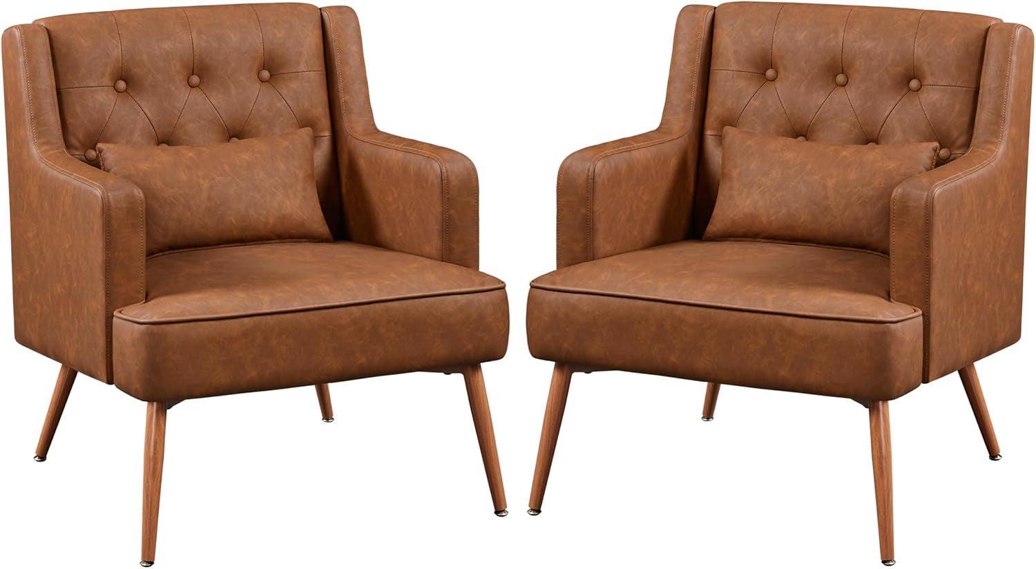 Two Brown Leatherette Mid Century Accent Chairs Set