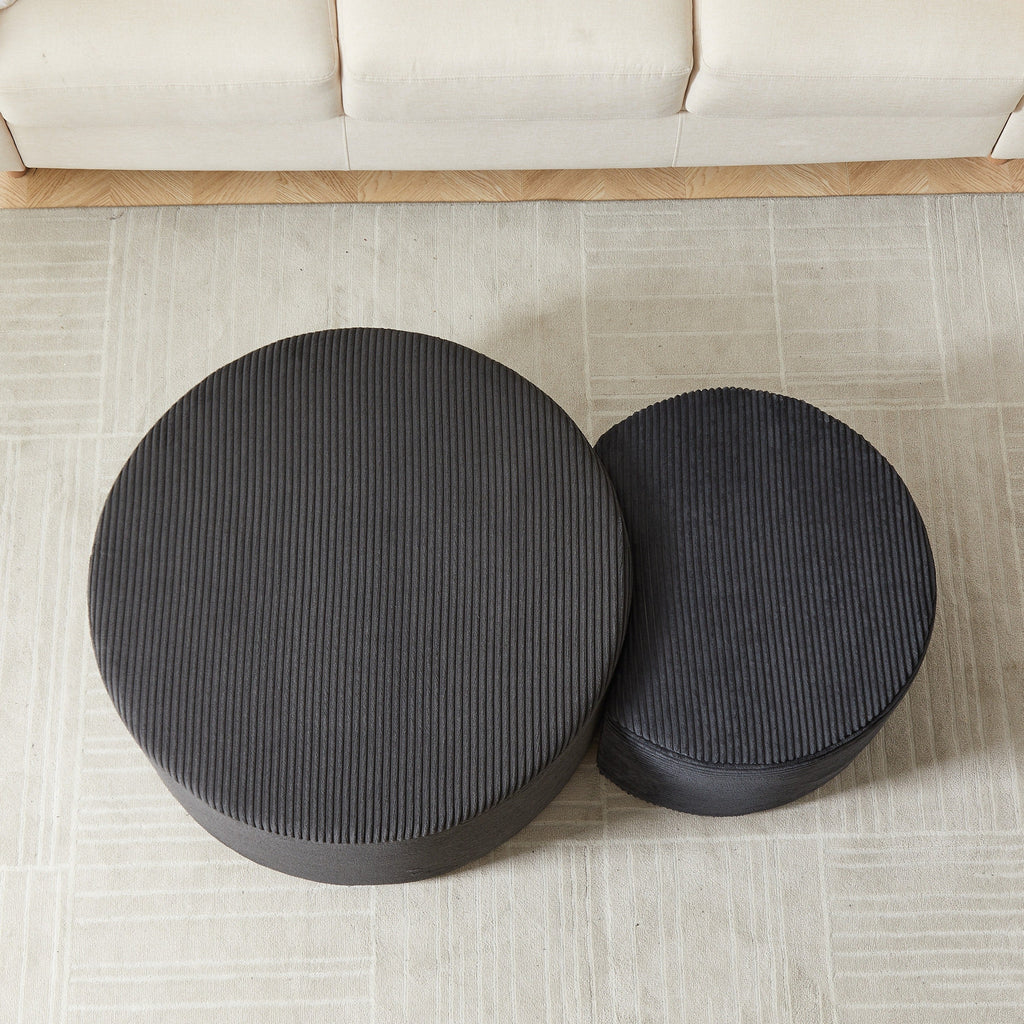 Upholstered Round Coffee Table Set of 2, Black Corduroy Fabric, No Assembly
