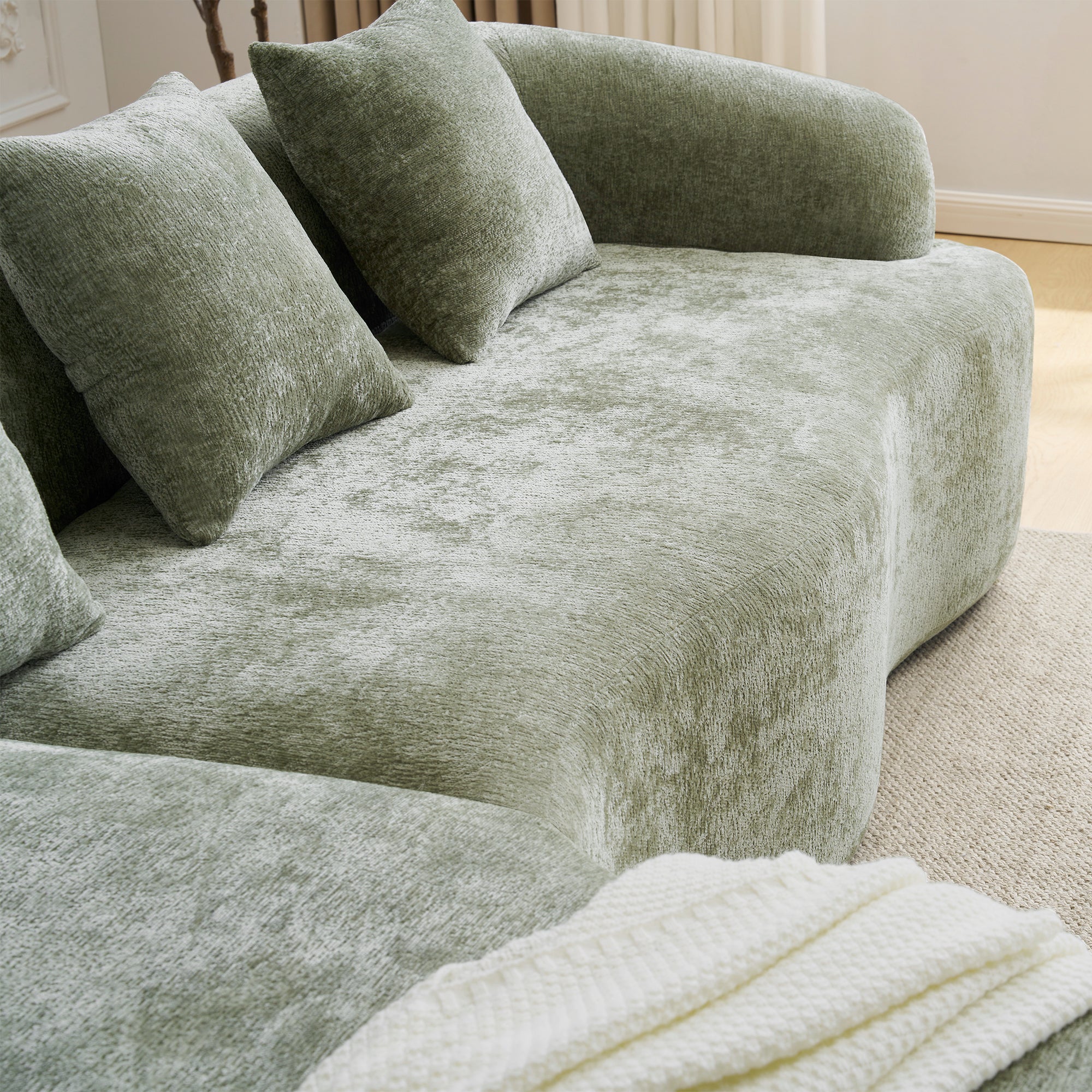 Sectional Sofa l Shape Chenille Green Curved Chaise with Foam and Spring Support