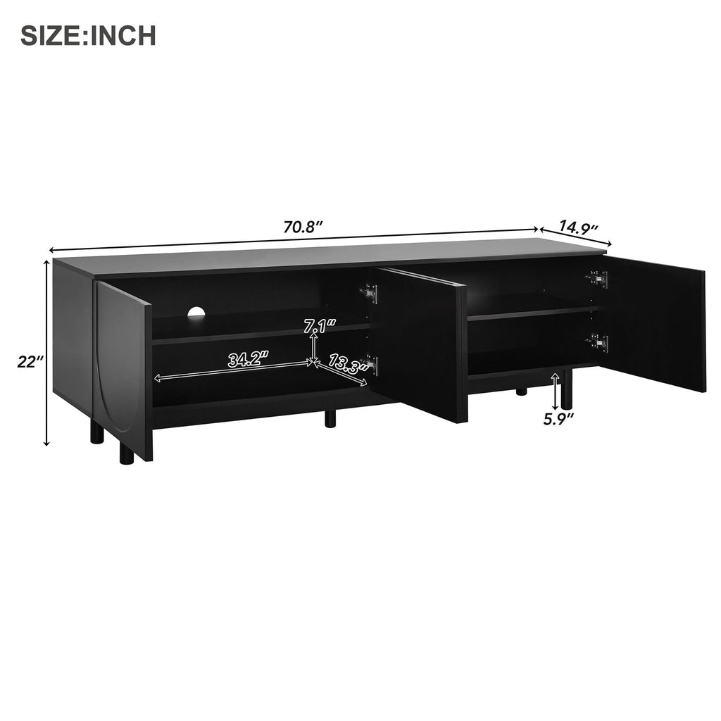 TV Stand Minimalist Black Particle Board Arch Doors Wood Legs Fits 78 In TV