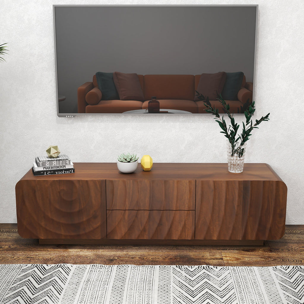 TV Stand Spiral Wave Walnut MDF Floating Base Fits 60 In TV 58.3 In