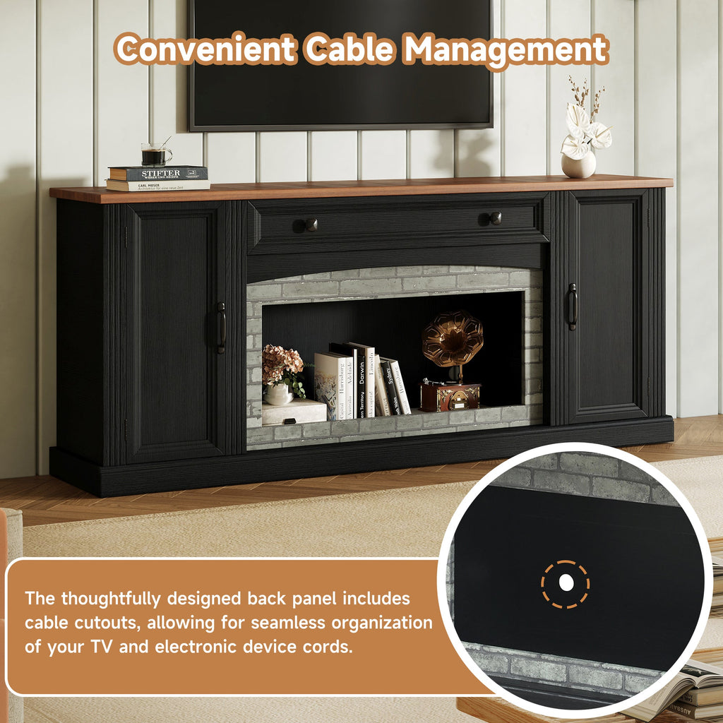 TV Stand Modern Walnut Top Gray Brick MDF Sliding Door Fits 70 In TV 66.9 In