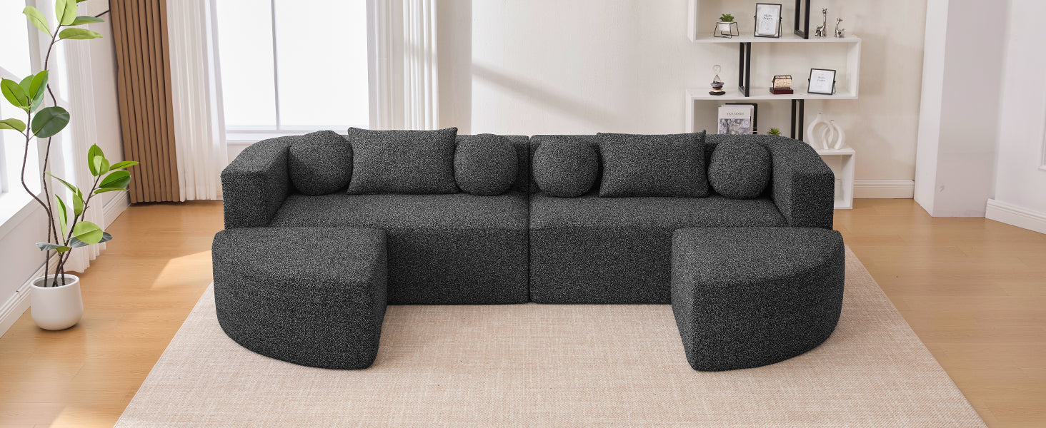 Sectional Sofa U-Shape Modular Boucle Black 6-Seat Deep Seating 114.9x64.5 In