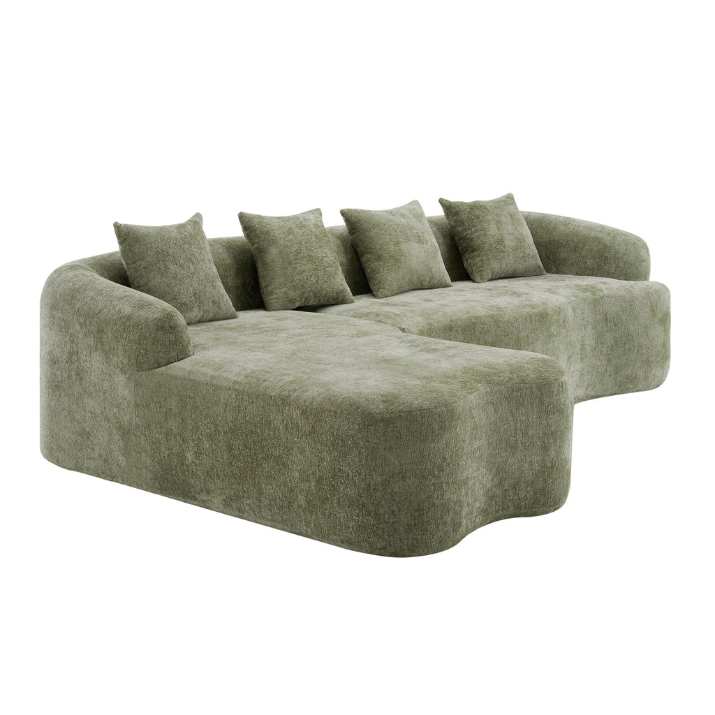 Sectional Sofa l Shape Chenille Green Curved Chaise with Foam and Spring Support