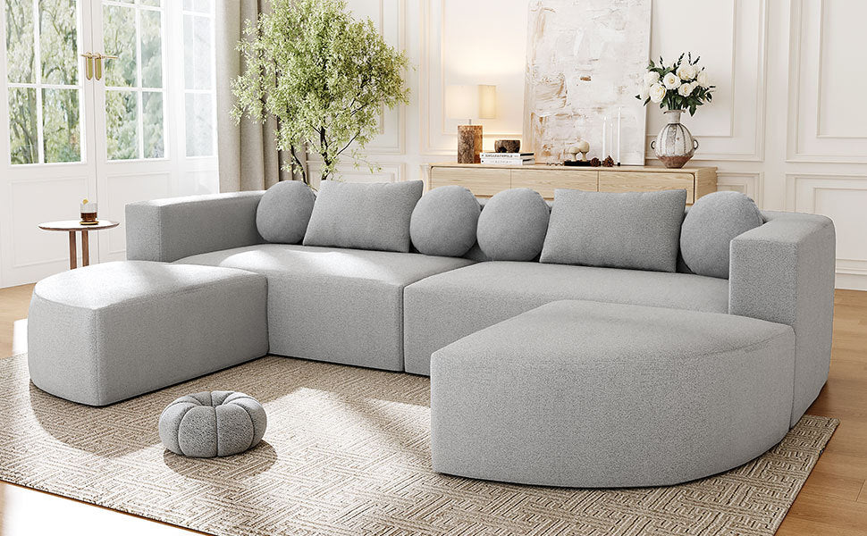 Sectional Sofa U-Shape Modular Boucle Gray 6-Seat Deep Seating 114.9x64.5 In