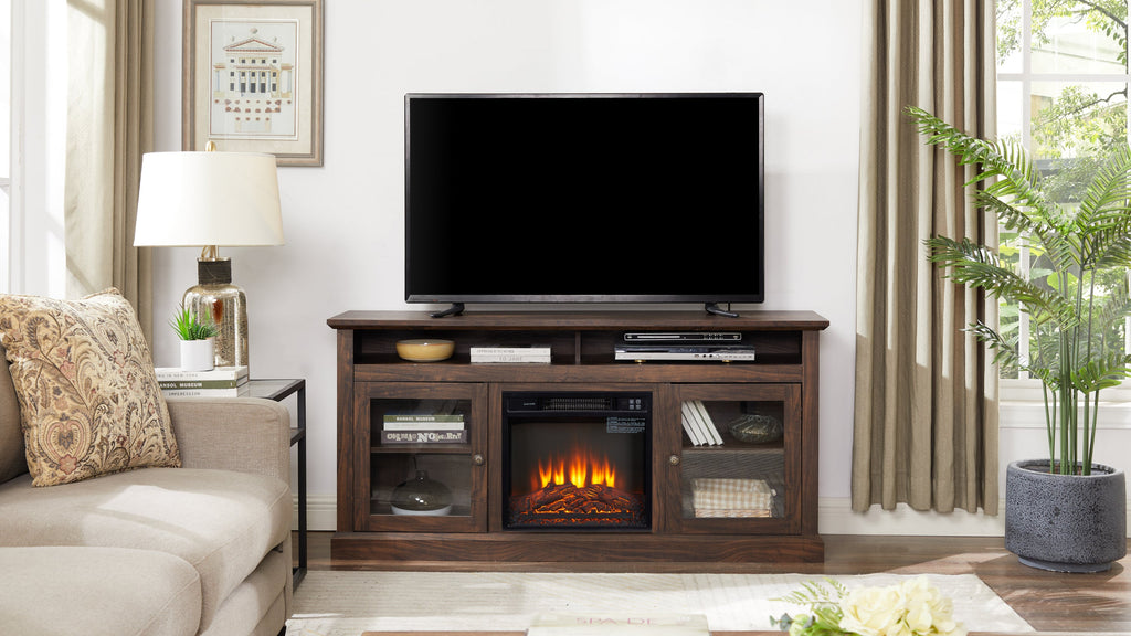 TV Stand Fireplace American Traditional Brown MDF 1400W Fits 65 In TV 60 In