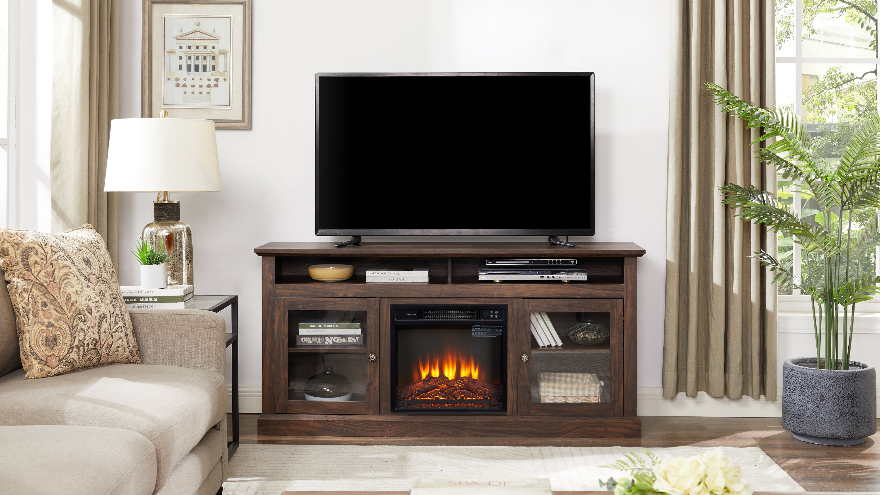 TV Stand Fireplace American Traditional Brown MDF 1400W Fits 65 In TV 60 In