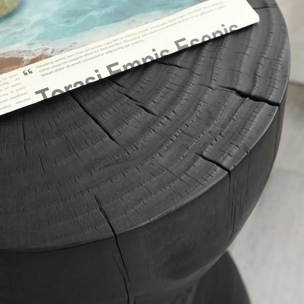 Solid Mango Wood Round Side Table, 12.2x18.11 in, Black, Burnt Vintage Look