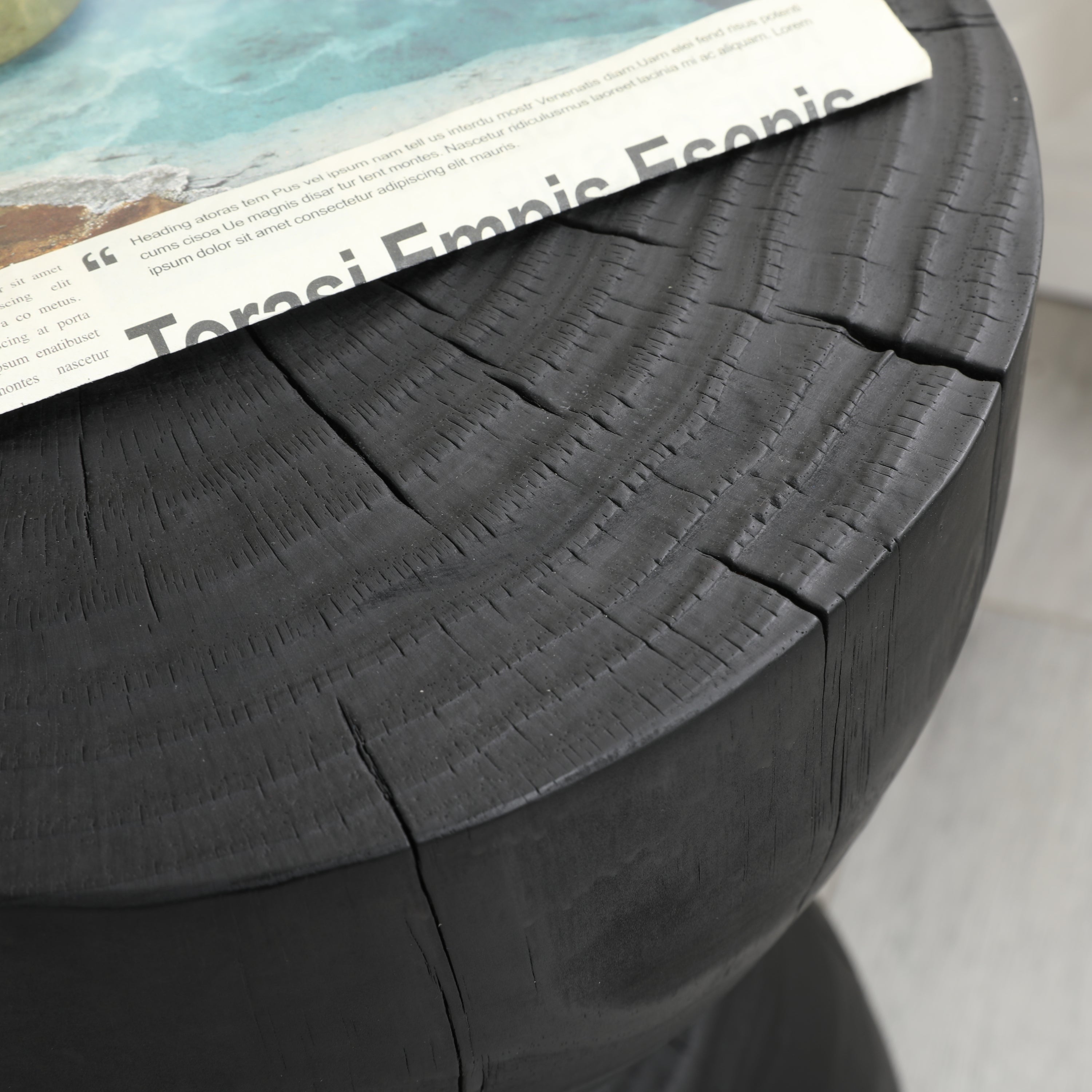 Solid Mango Wood Round Side Table, 12.2x18.11 in, Black, Burnt Vintage Look