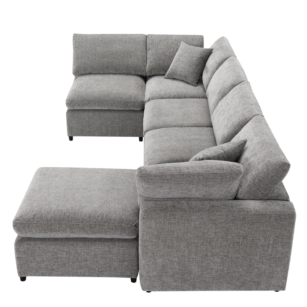 Sofa Modular U-Shape Chenille Gray 6 Seat Convertible Ottoman 130 In