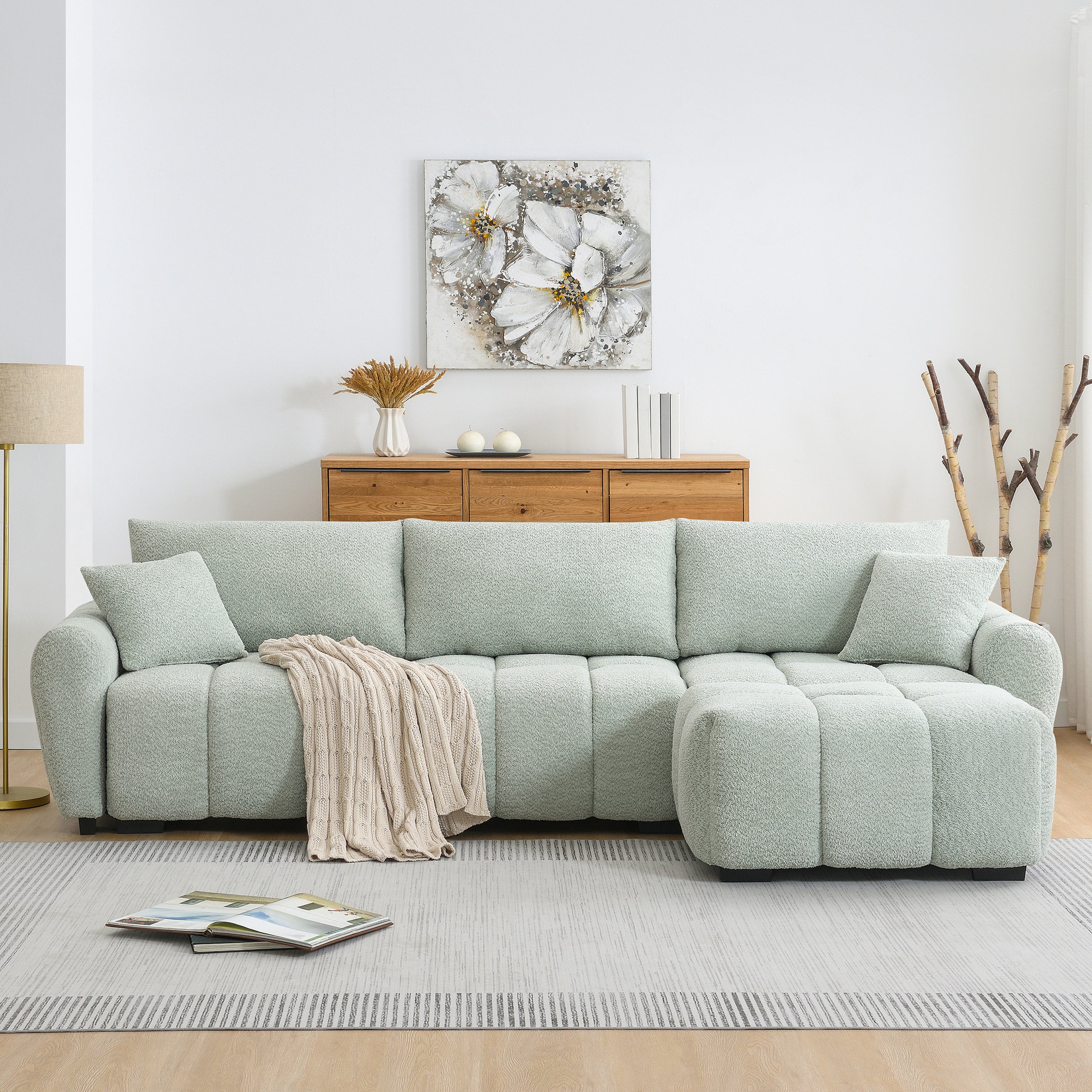 Sectional Sofa L-Shaped Boucle with Movable Ottoman Extra-Large Seat 3 Colors