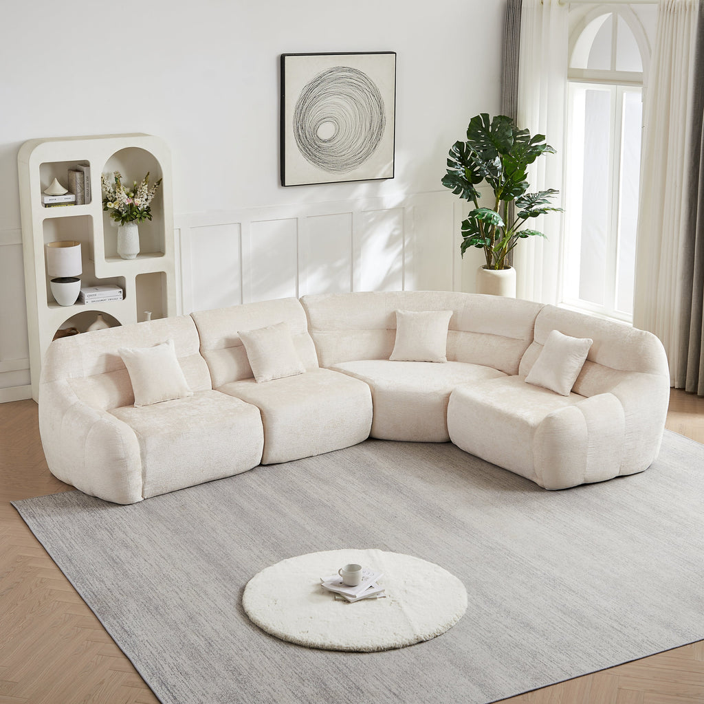 Sectional Sofa Curved Beige Chenille 123.2 Inch Four Pillows No Assembly