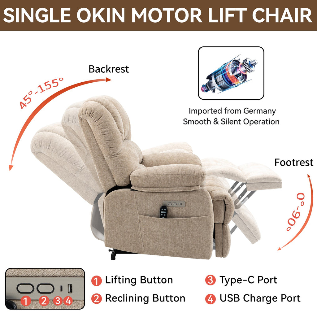 Lift Recliner Chair Power Oversized Chenille Beige 23 In Seat USB 350 LB