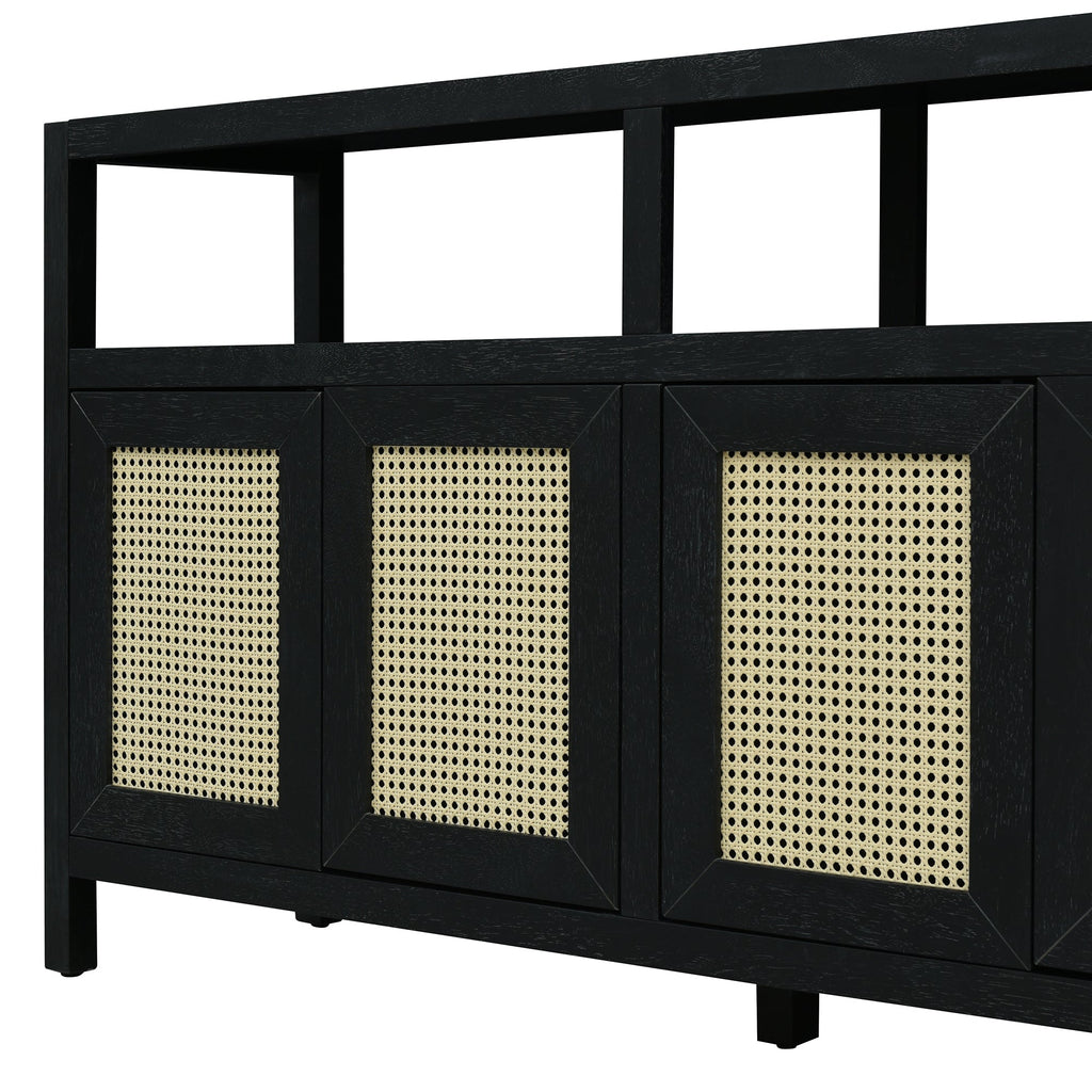 TREXM Bohemian Style Rattan Buffet Storage Cabinet with Solid Wood Frame