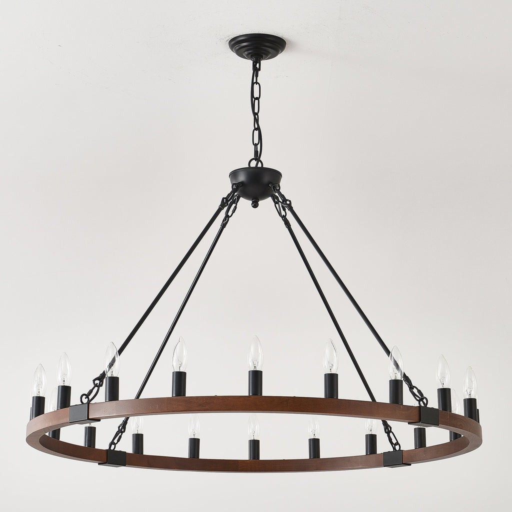 Chandelier Wood Wagon Wheel 20-Light Farmhouse Matte Black 39.3 In