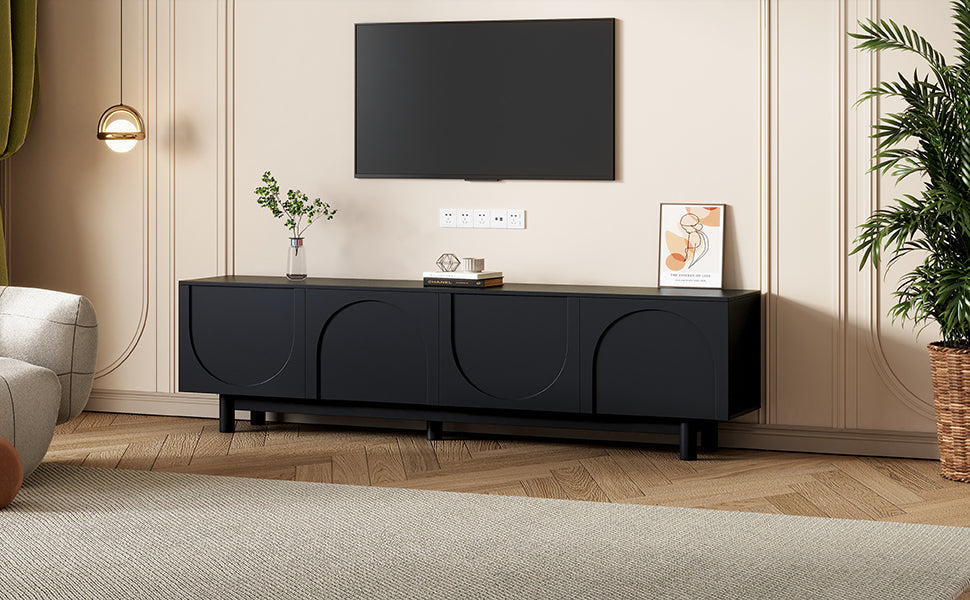 TV Stand Minimalist Black Particle Board Arch Doors Wood Legs Fits 78 In TV