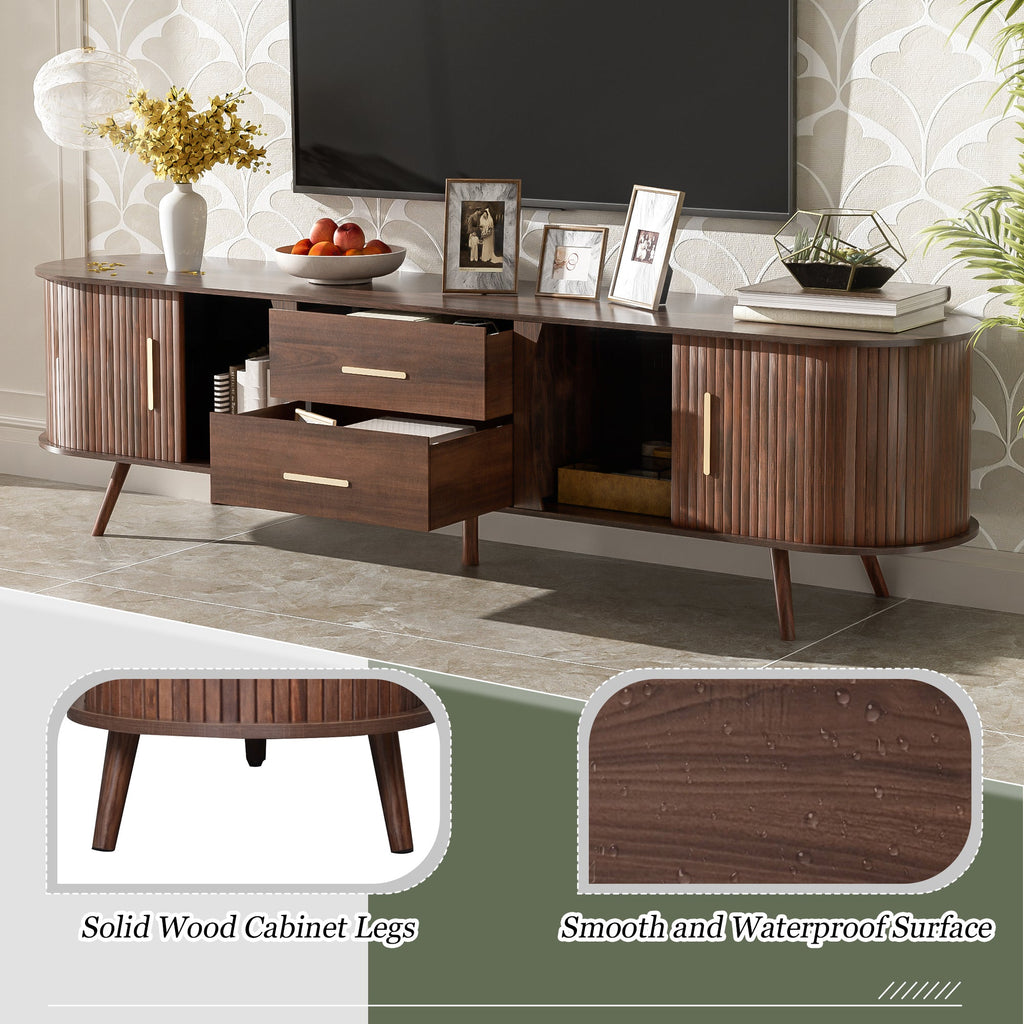 TV Stand Mid-Century Dark Brown Solid Wood Sliding Door Fits 80 In TV 70.8 In