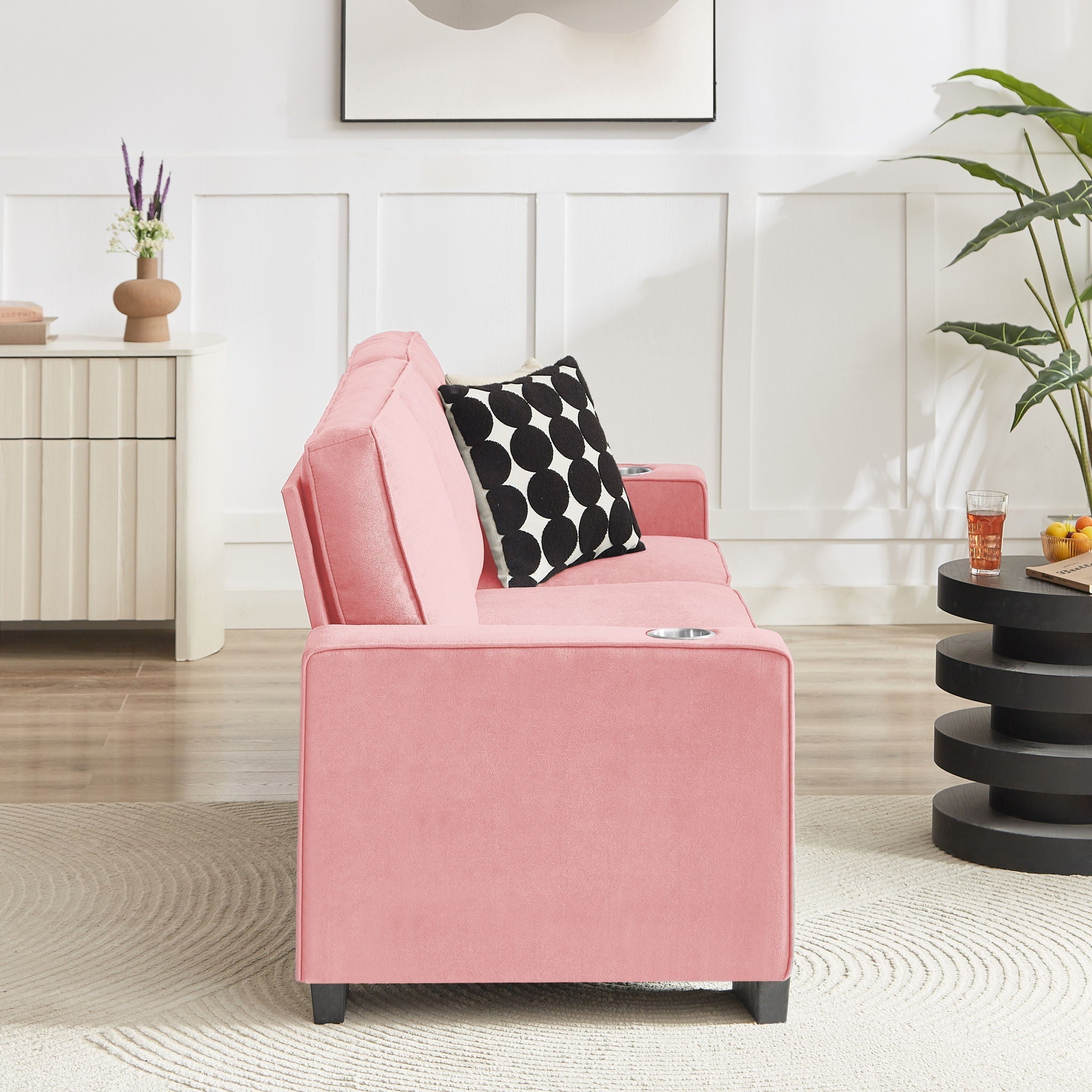 Modern Snowfleece Fabric 3 Seater Sofa With Cup Holder