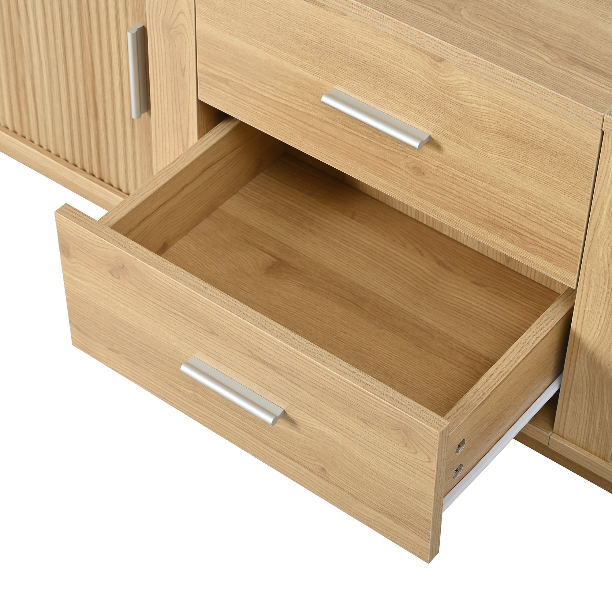 TV Stand American Style Acacia MDF Sliding Door Rounded Corners Fits 75 In TV
