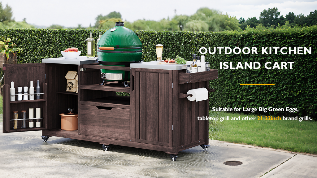 Outdoor Kitchen Island Grill Cart Fir Wood Stainless Steel Top 66.5x23x34 In