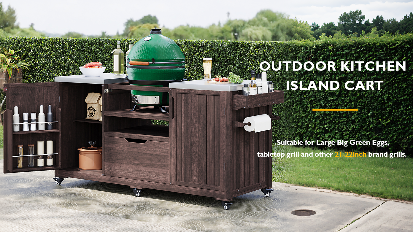 Outdoor Kitchen Island Grill Cart Fir Wood Stainless Steel Top 66.5x23x34 In