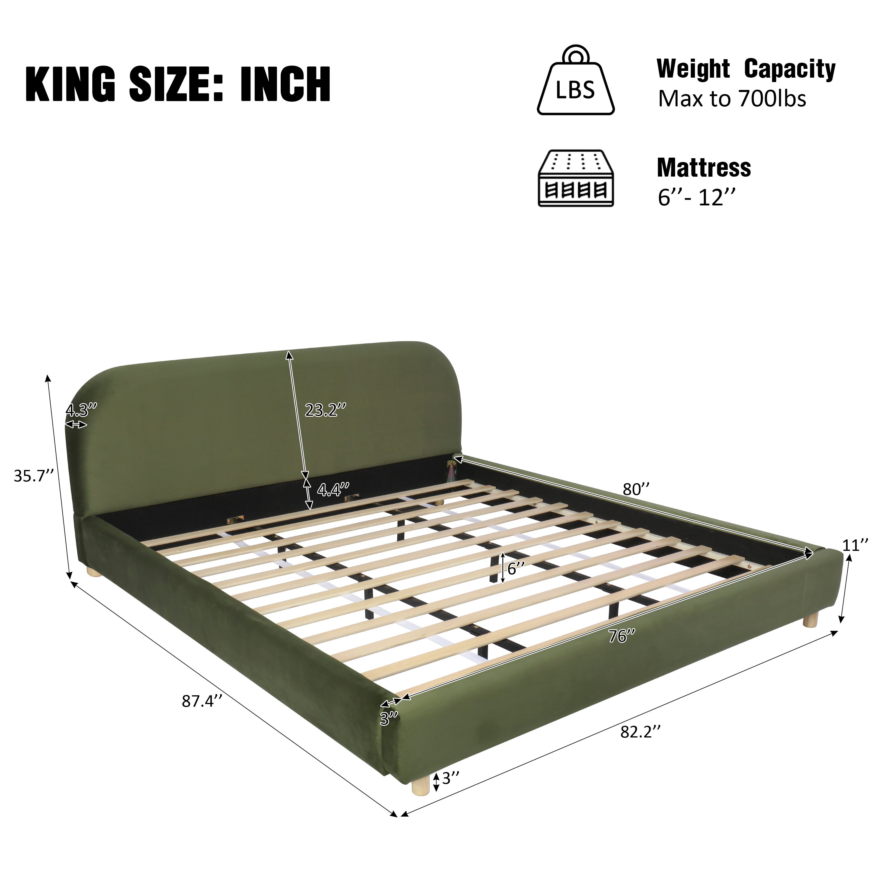 King Size Platform Bed with Velvet Fabric and Curved Headboard