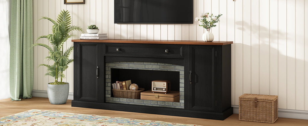 TV Stand Modern Walnut Top Gray Brick MDF Sliding Door Fits 70 In TV 66.9 In