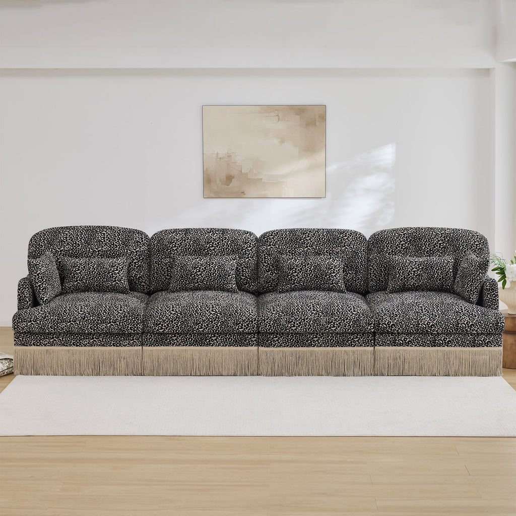 Sectional Sofa Modern Leopard Chenille Khaki Black 4-seater Deep Seat