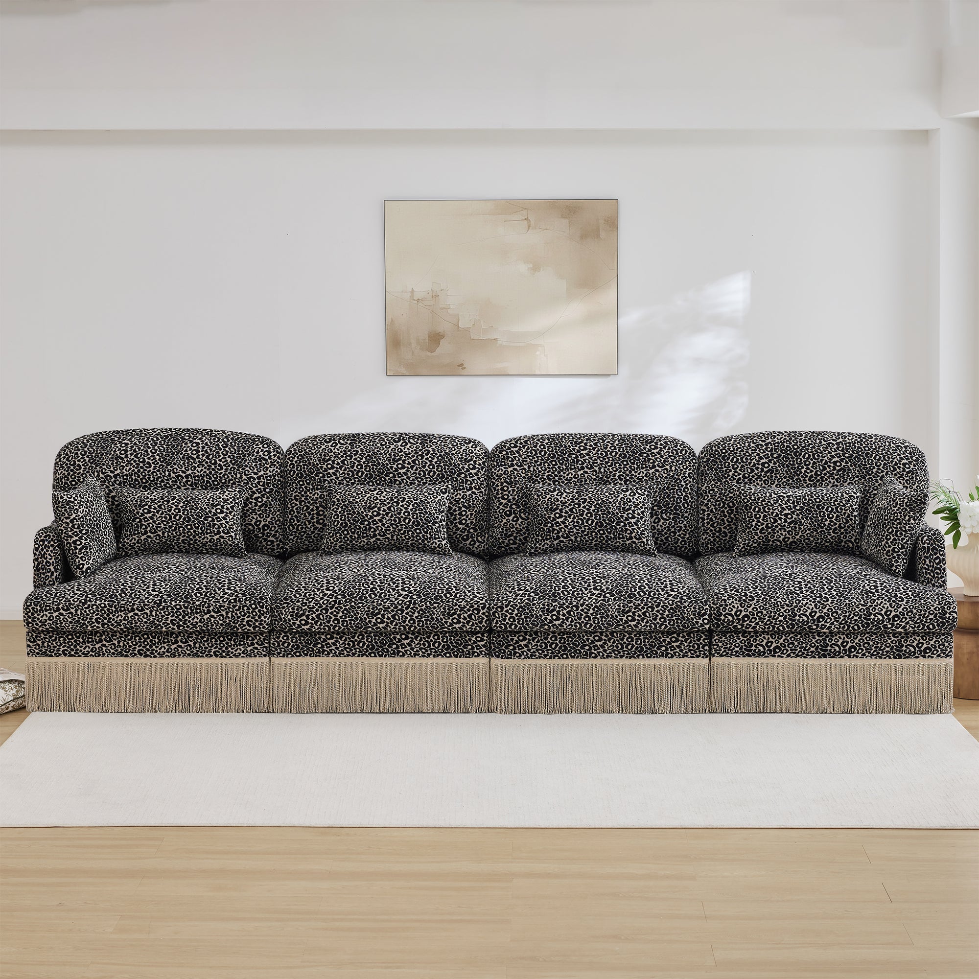 Sectional Sofa Modern Leopard Chenille Khaki Black 4-seater Deep Seat