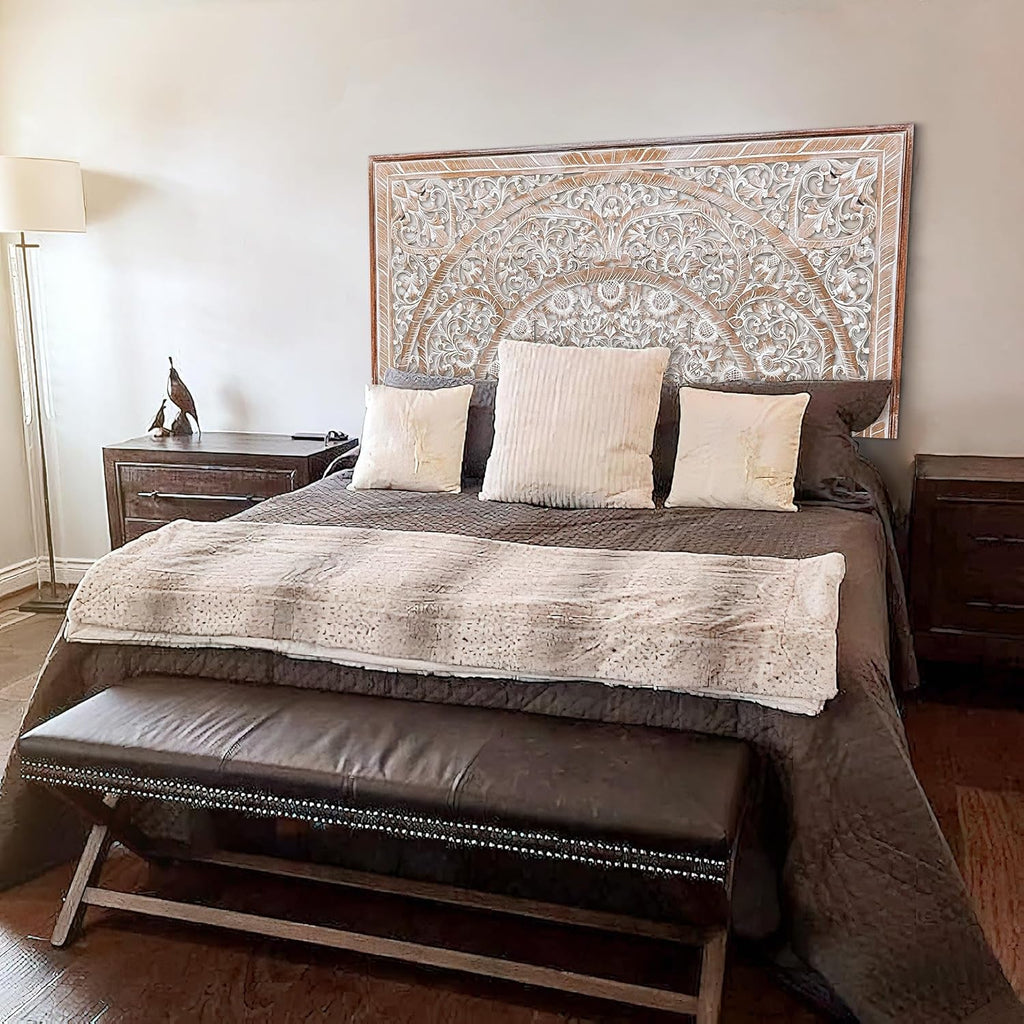 Handcrafted White-Wash Wooden Queen Headboard with Carved Design