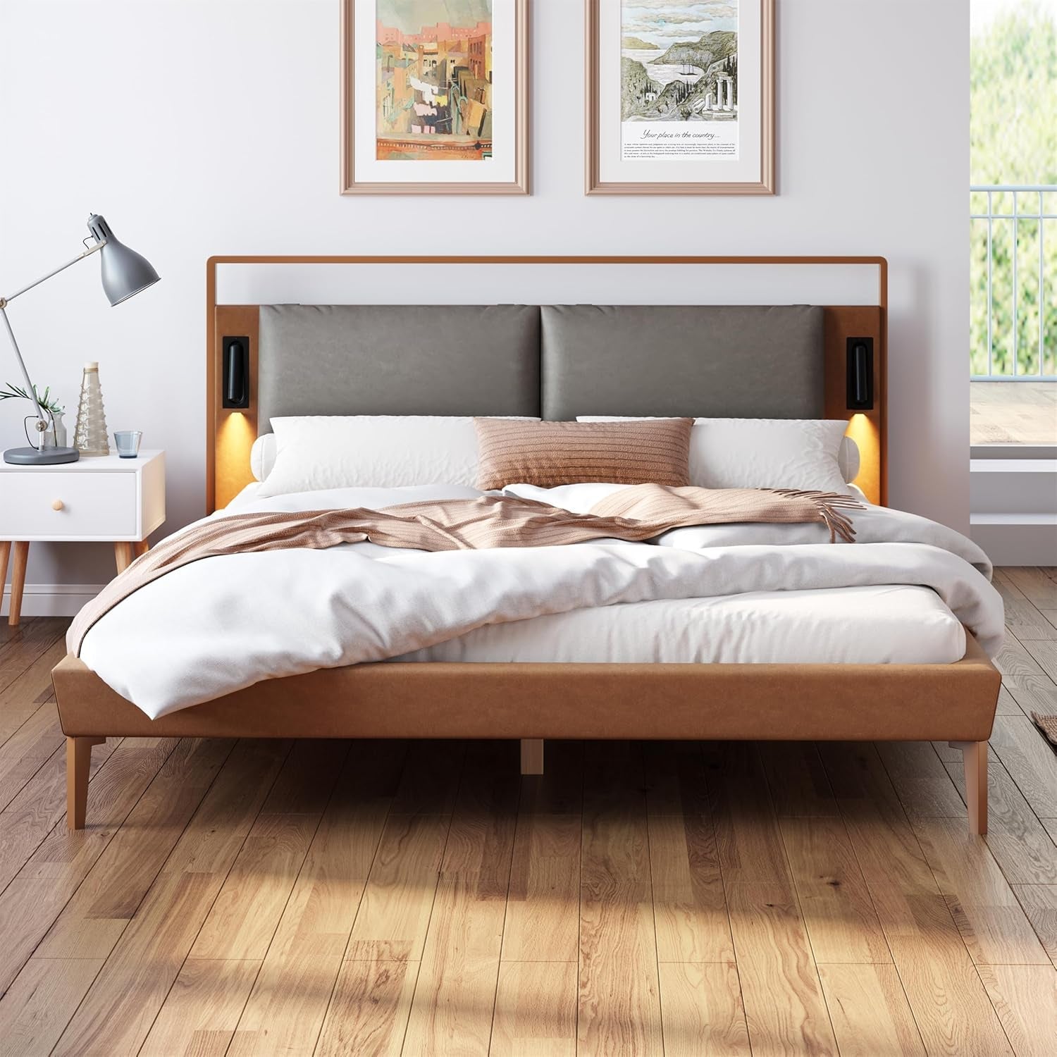 Brown Upholstered Bed Frame With Integrated Night Lights