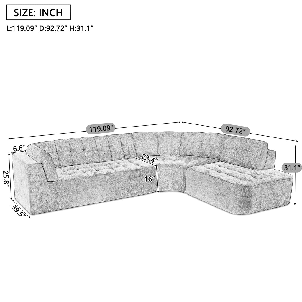 Sectional Sofa Curved L-Shape Chenille Gray 4 Seat 119 In Tufted