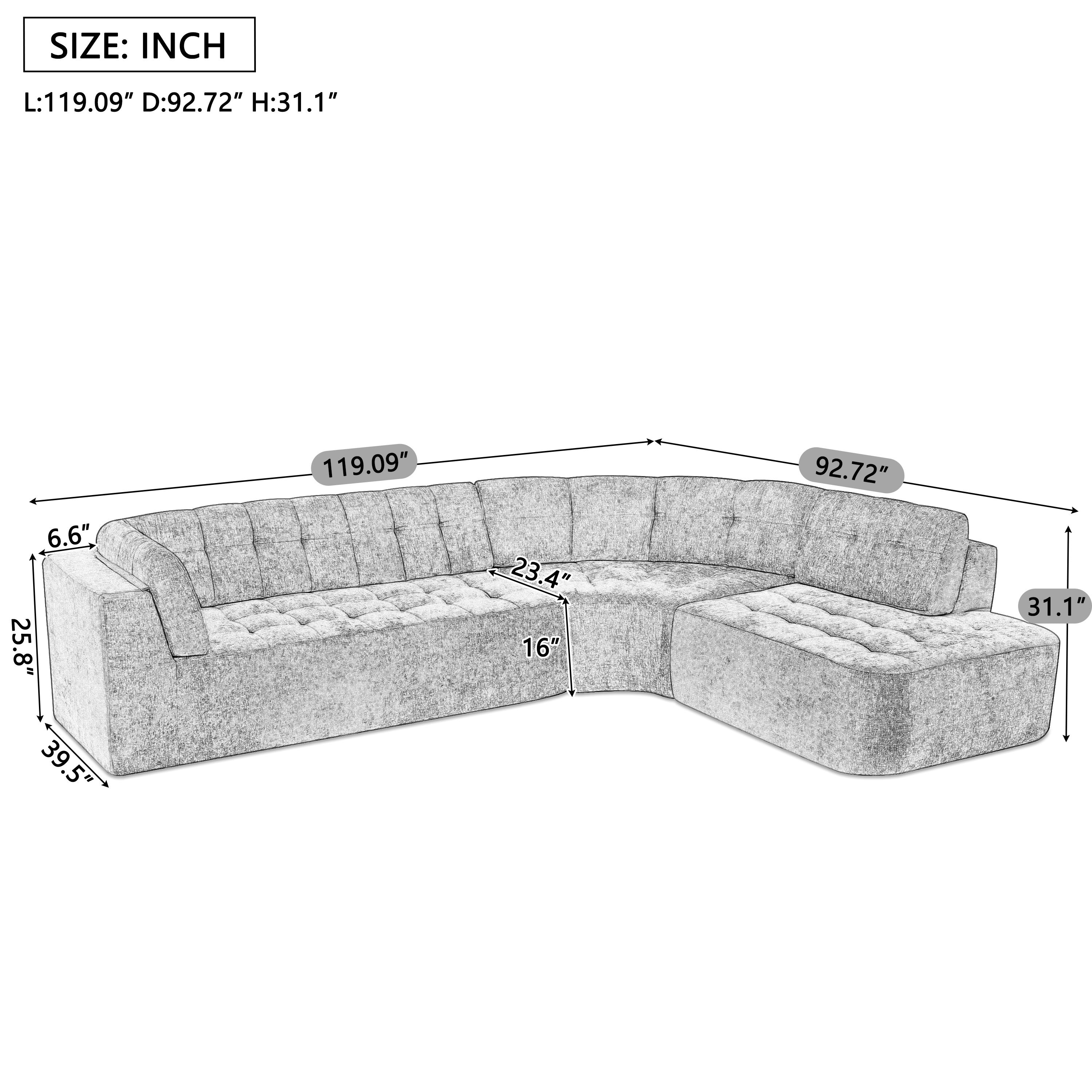 Sectional Sofa Curved L-Shape Chenille Gray 4 Seat 119 In Tufted