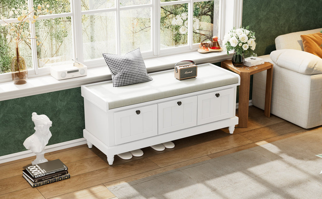 Entry Bench Fluted MDF White Cushioned Seat 3 Drawers 44x16x19 In 220 LB