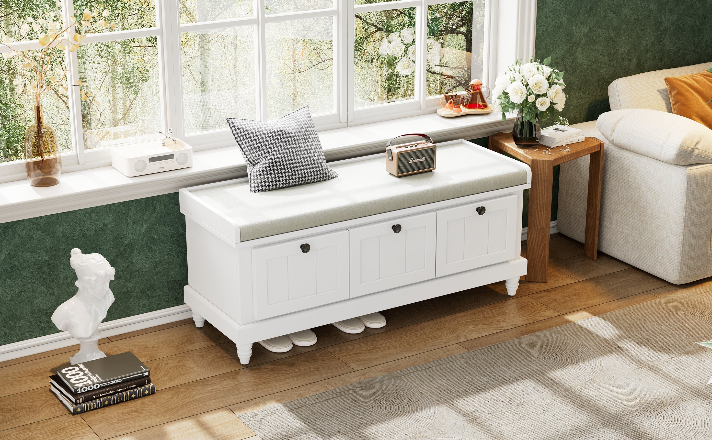 Entry Bench Fluted MDF White Cushioned Seat 3 Drawers 44x16x19 In 220 LB