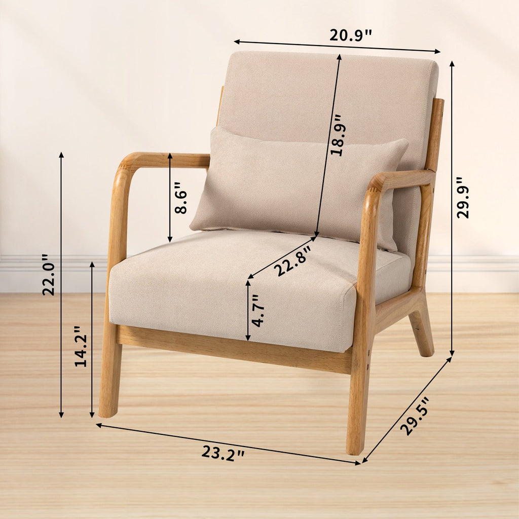 Accent Chair Mid Century Modern Beige Linen with Wood Armrest and Feet One Seat