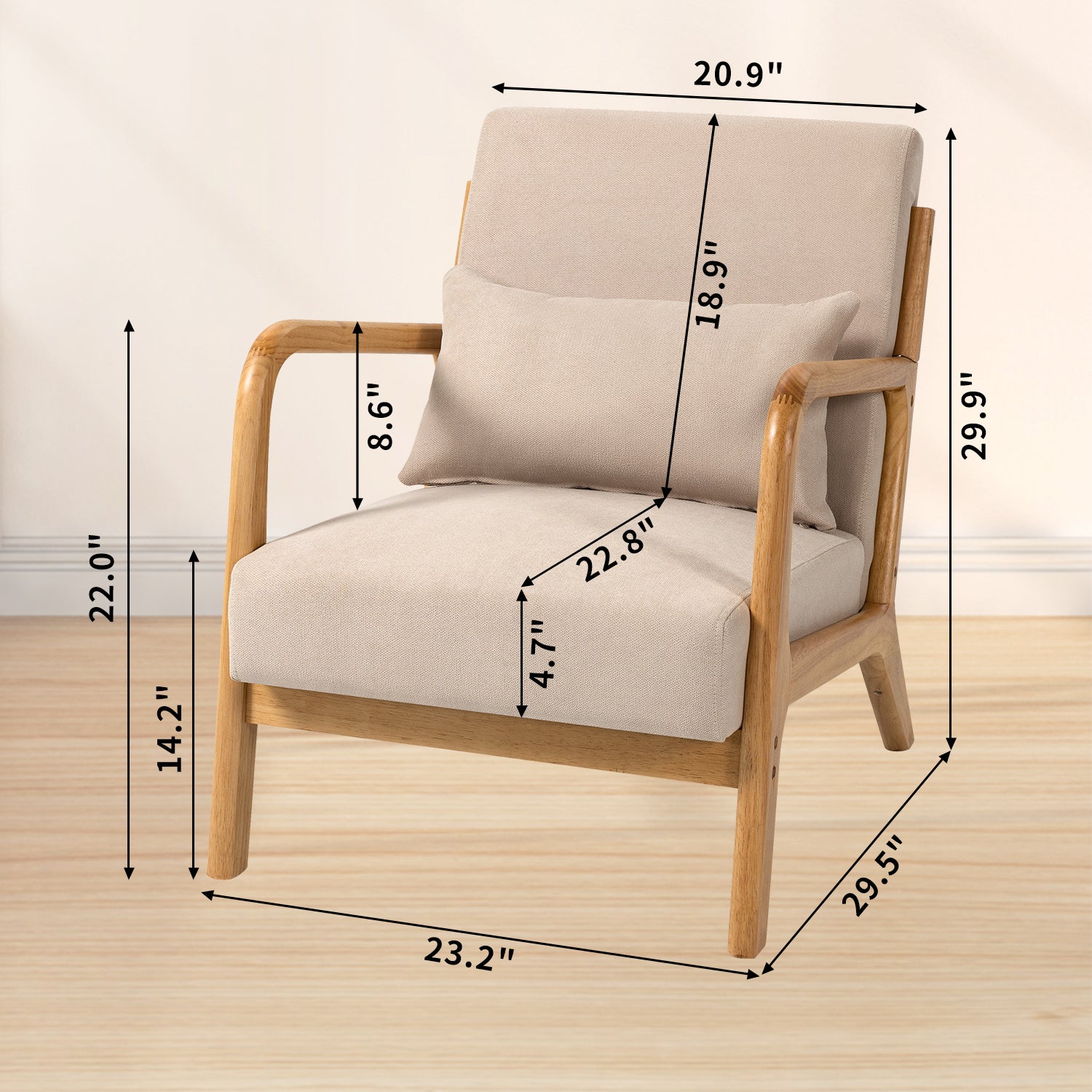 Accent Chair Mid Century Modern Beige Linen with Wood Armrest and Feet One Seat