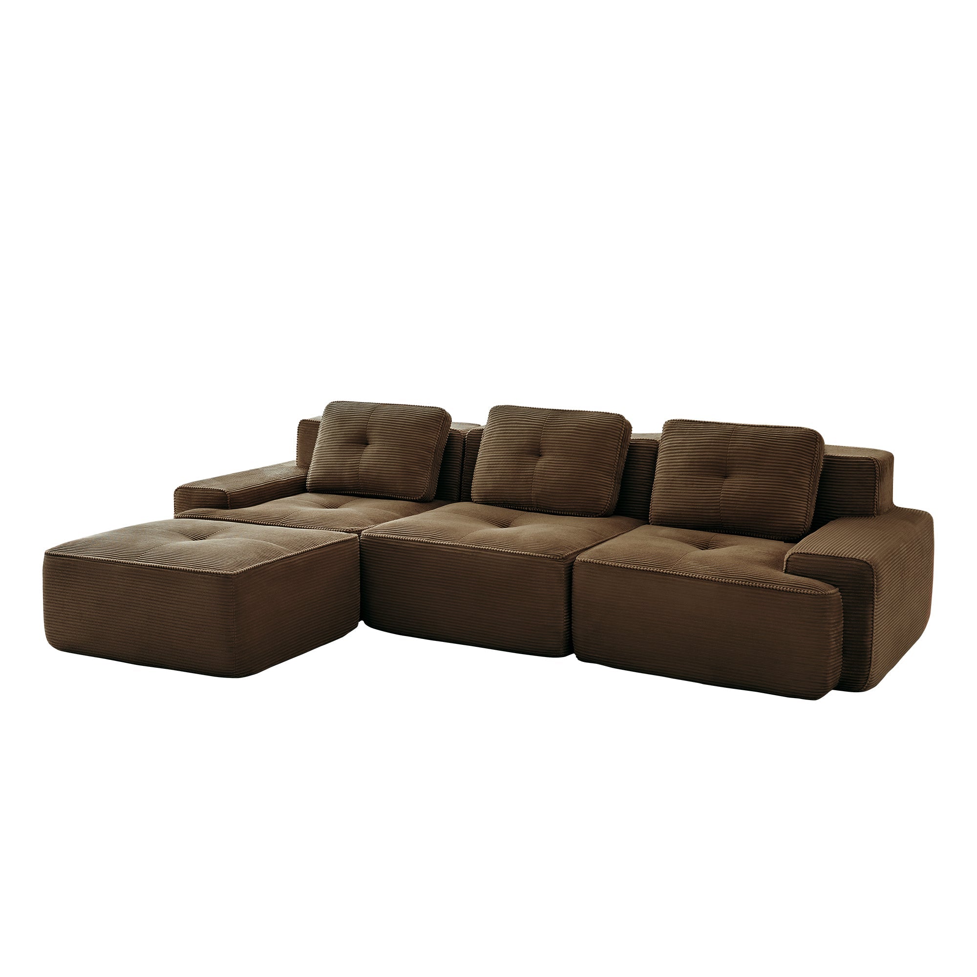 Sectional Sofa L-Shape Corduroy Brown 3 Seat Modular with Ottoman