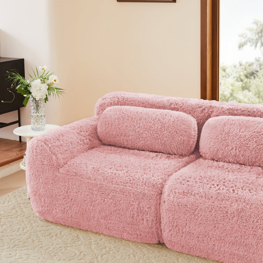 Sectional Sofa Modular Pink Plush Fabric 114 Inch with Throw Pillows